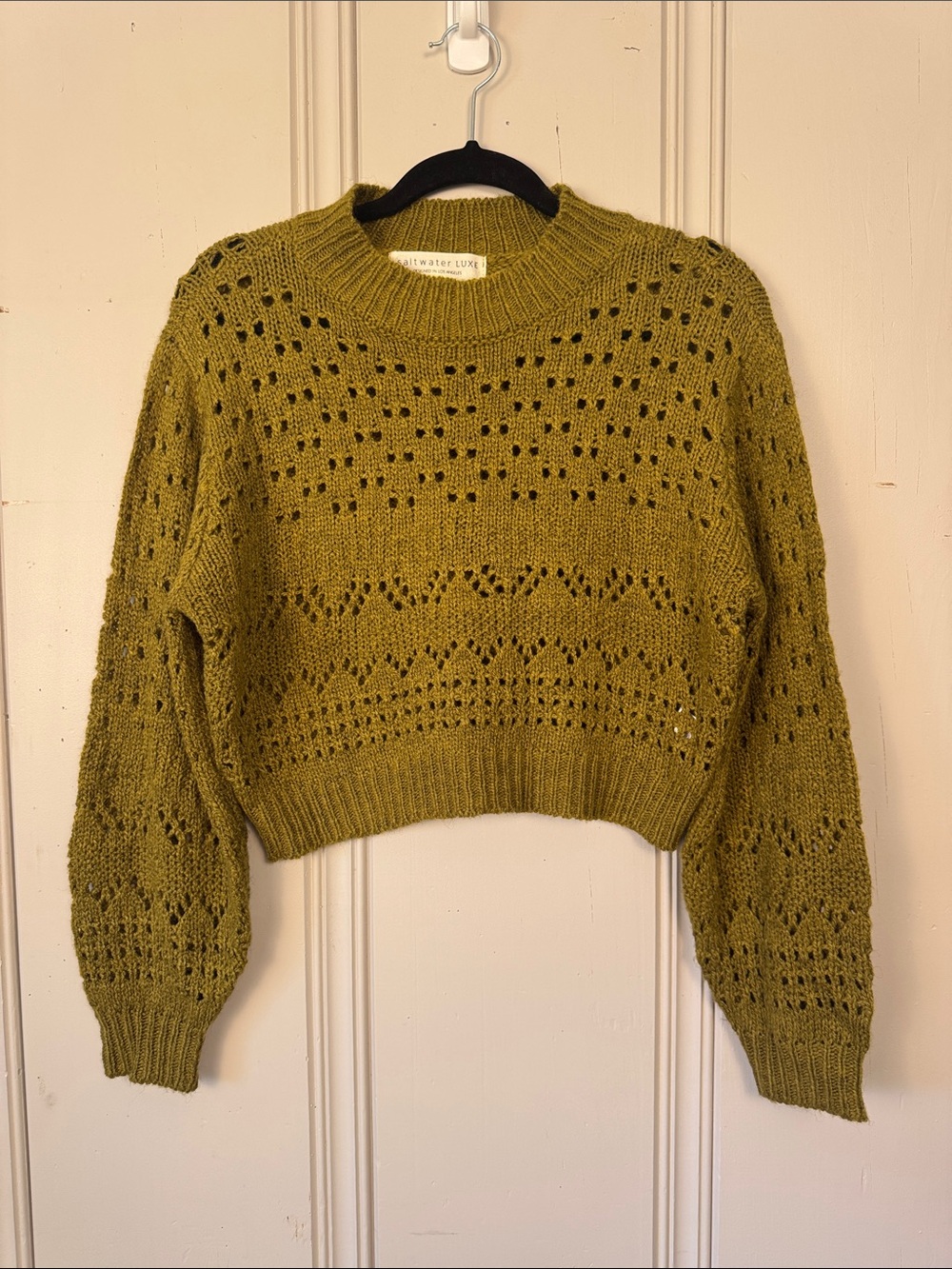 Saltwater Luxe Open Knit Cropped Sweater XS Olive Cottagecore Boho